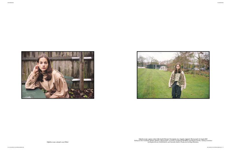 Two fashion portraits of a young woman: one seated on a bench by a wooden fence; another standing on a lawn in front of green trees.