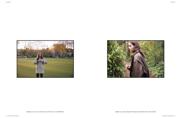 Two photos show a young woman in different outdoor settings: first in a coat on a soccer field, second in a jacket in the woods.