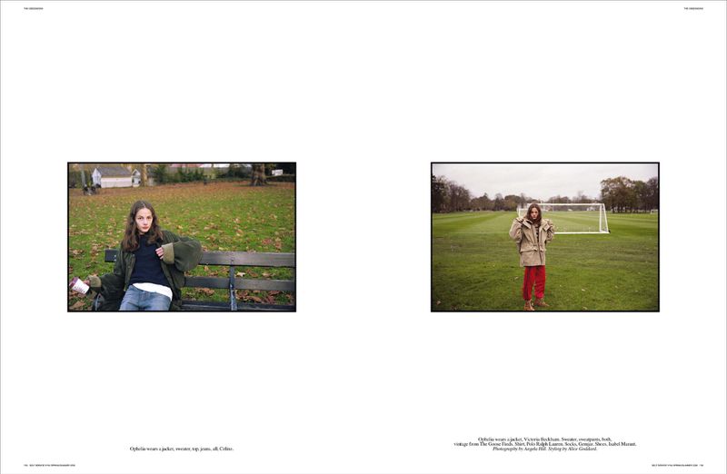 Two photographs show a young woman in outdoor settings. The first is of her seated on a park bench, and the second is on a sports field.