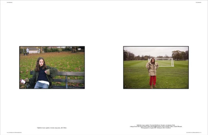 Two photographs show a young woman in outdoor settings. The first is of her seated on a park bench, and the second is on a sports field.