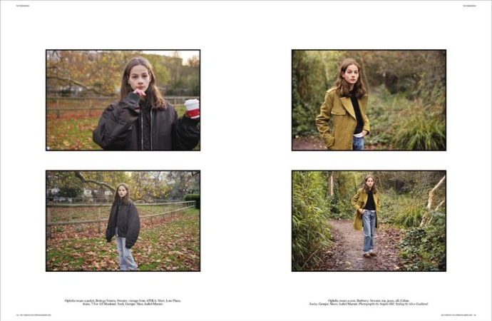 A young woman poses in a variety of outfits in natural settings. The images are a light-toned, outdoor fashion shoot.