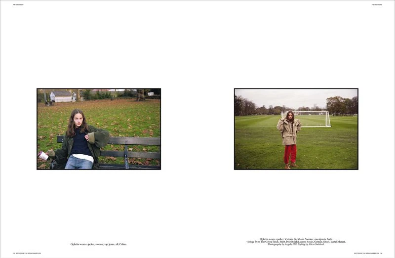 Double-page magazine spread featuring two framed outdoor photographs of a young woman on a park bench and sports field