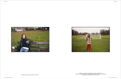 Double-page magazine spread featuring two framed outdoor photographs of a young woman on a park bench and sports field
