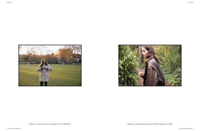 Double-page magazine spread showing two framed photographic prints of a young woman outdoors in a park and walking past foliage.