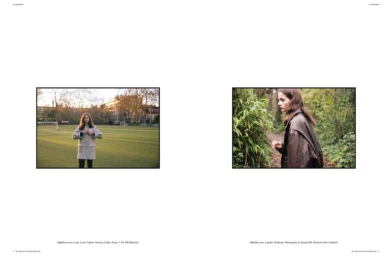 Double-page magazine spread showing two framed photographic prints of a young woman outdoors in a park and walking past foliage.
