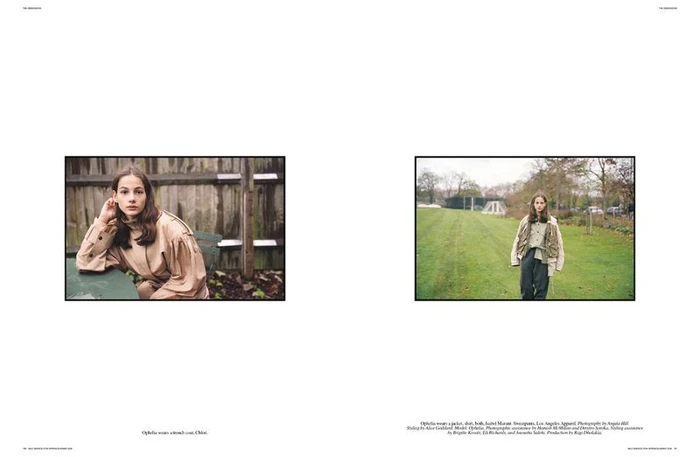 Double-page magazine spread featuring two framed photographs of a female model outdoors wearing casual layered clothing.