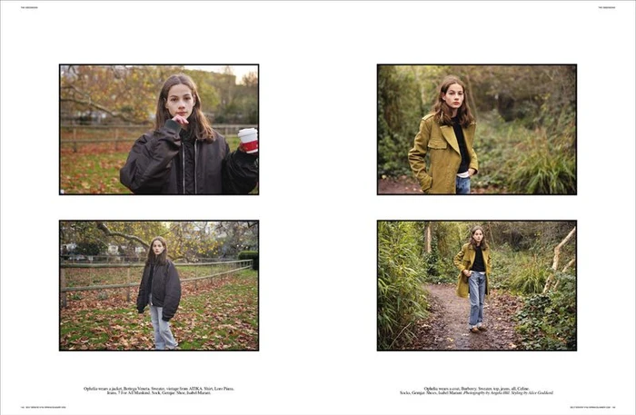 Four-panel editorial layout featuring a young woman outdoors in autumn foliage wearing casual outerwear and holding a takeaway coffee cup