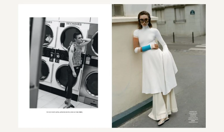 A fashion editorial spread featuring two distinct scenes: a woman in a white outfit in an urban setting and another woman in a laundromat.