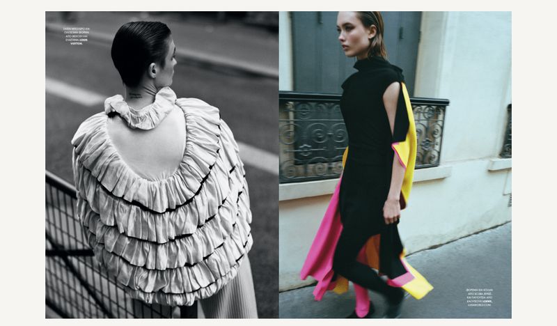 Two fashion models in urban outdoor settings. One wears a ruffled garment, the other a black dress with bright pink and yellow accents.