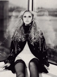 Grace Van Petten wearing a black jacket and thigh-high stockings in a black-and-white editorial portrait for Office Magazine