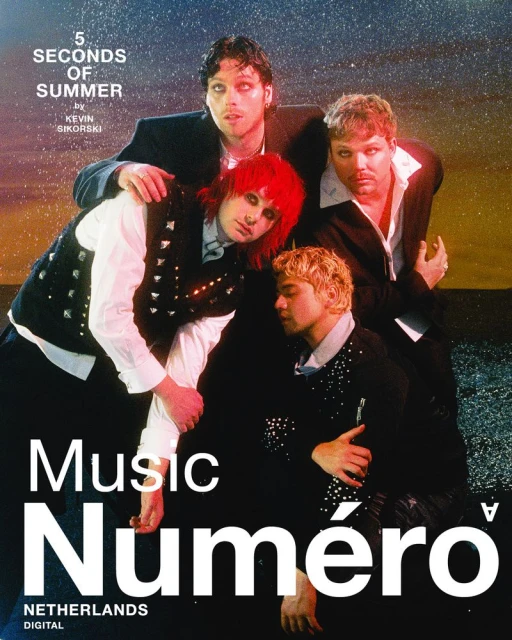 Magazine cover featuring four members of the band 5 Seconds of Summer against a bokeh background with dominant text "Music Numéro."