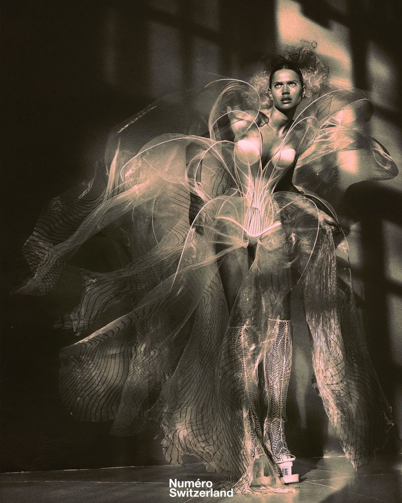 Fashion photo of a female model in a dramatic translucent dress posing in a studio with soft lighting and shadows.