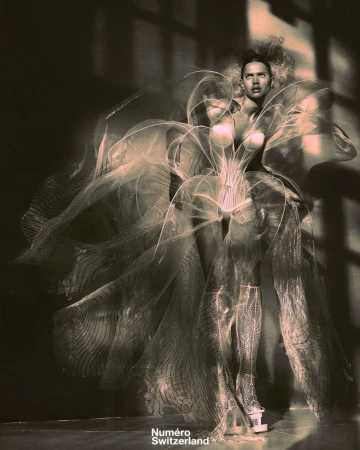 Fashion photo of a female model in a dramatic translucent dress posing in a studio with soft lighting and shadows.