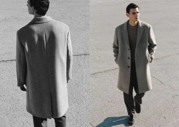 Model wearing a grey wool coat and dark trousers standing on concrete pavement in a two-panel editorial shot.