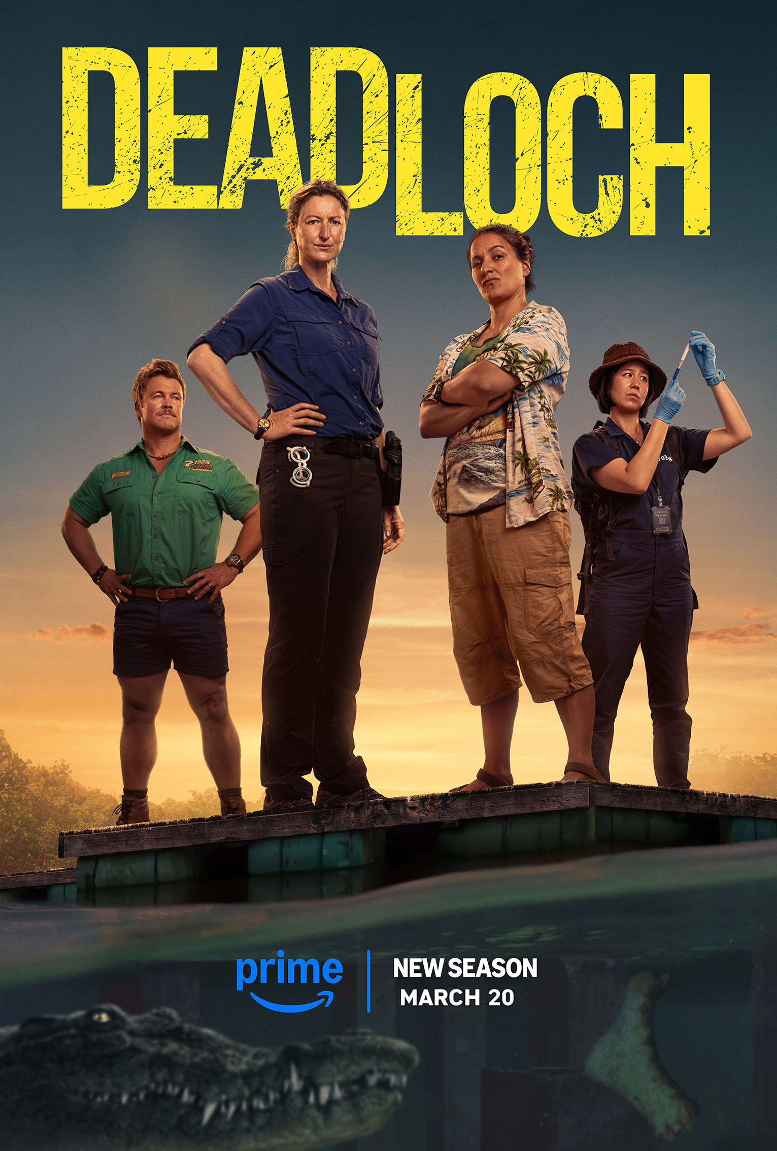 Movie poster for 'Deadloch' featuring four adults standing on a wooden platform with an alligator visible beneath the water.