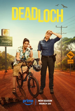 Promotional poster for Deadloch featuring two adult women standing on a road. One woman is on a bicycle and the other is standing.