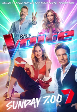 Promotional shot for 'The Voice' featuring four judges: two women and two men, in a colorful, vibrant setting with show-related text.