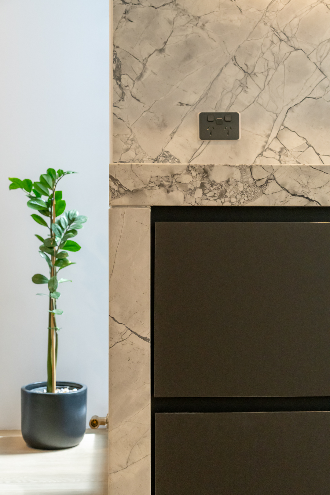 Interior design featuring a potted plant beside a marble countertop with brown cabinets and an electrical outlet on the stone.
