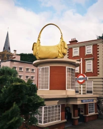 Yellow leather shoulder bag resting atop a miniature model building with an underground station sign for British Vogue April Bag Issue.