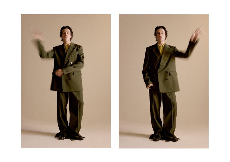A split-screen studio shot featuring a young adult male in an olive green suit and yellow shirt against a beige backdrop, striking a pose.