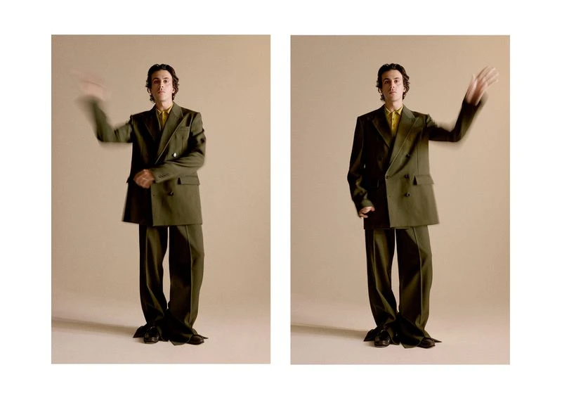A split-screen studio shot featuring a young adult male in an olive green suit and yellow shirt against a beige backdrop, striking a pose.
