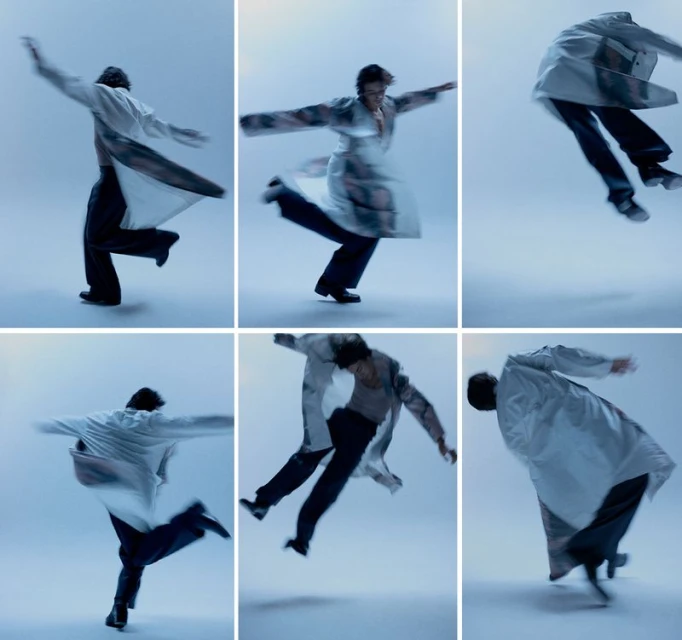 Montage of a person in motion wearing an open white coat, dark pants, and dark shoes against a solid light blue background.