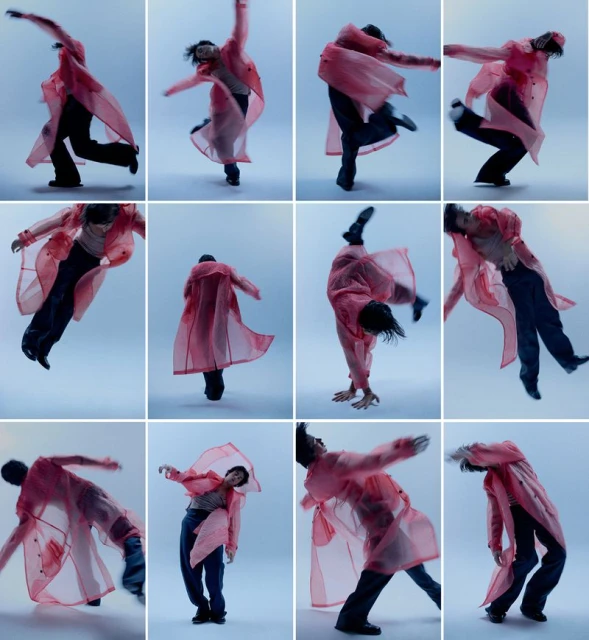 Person in motion wearing a transparent red raincoat and dark pants against a light blue backdrop. Multiple images showing different poses.