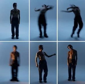 Six-panel composite grid showing a shirtless man dancing against a cool blue background, blending still poses with motion-blurred frames.