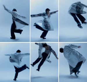 A multi-panel image of a man in motion wearing dark trousers and a flowing coat against a light studio backdrop.