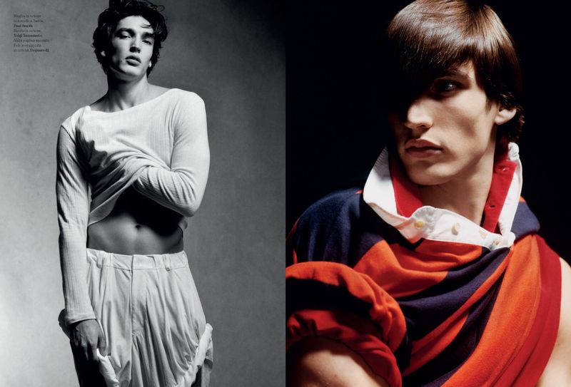 Two portraits. On the left, a male model wears a white long-sleeve shirt and white pants, posing in a gray-scale studio setting.