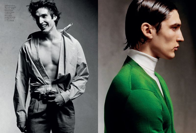 Two contrasting studio portraits of a young adult male fashion model showcasing different clothing styles against gradient backgrounds.