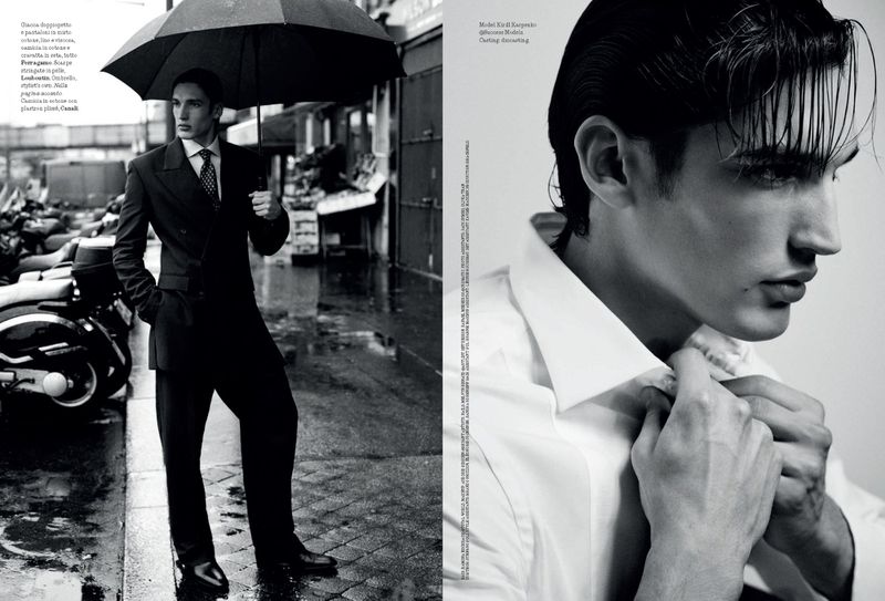Monochrome fashion shot of a man in a dark suit holding an umbrella on a wet city street, juxtaposed with a close-up portrait.