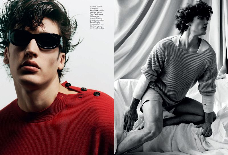 Two-panel fashion shot of a young adult male wearing a red sweater and sunglasses; and a greyscale panel of a man in a sweater and shorts.