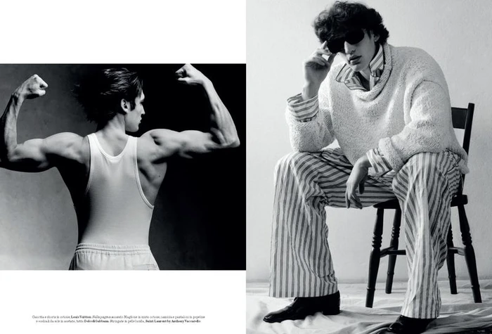 Model Kirill wearing a white knit sweater and striped trousers seated on a chair, with a second black and white panel showing his back.