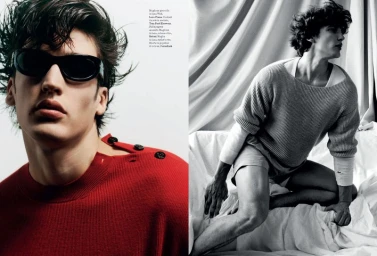 Editorial layout featuring male model Kirill in a red button shoulder sweater and black sunglasses on left, and textured knit sweater on right