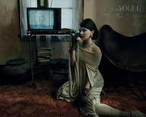 Cailee Spaeny kneeling on carpet in a vintage room holding a rotary telephone handset, with a lit television in background