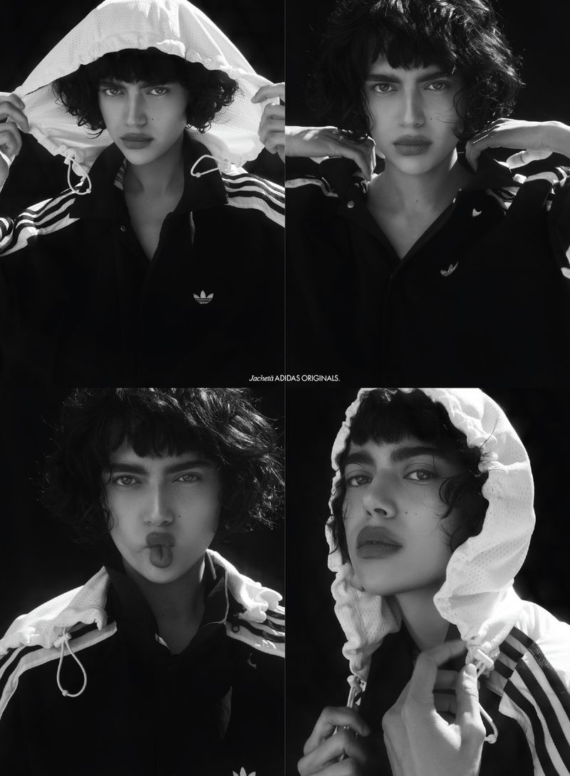A fashion-forward, black-and-white collage featuring a woman with short curly hair in various poses, wearing an Adidas jacket, set against a dark backdrop.
