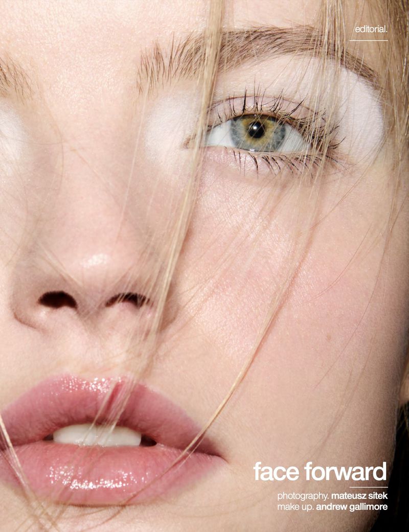 Close-up beauty portrait of a woman with blonde hair across her face, glossy pink lips, and white eyeshadow for Schön! Switzerland