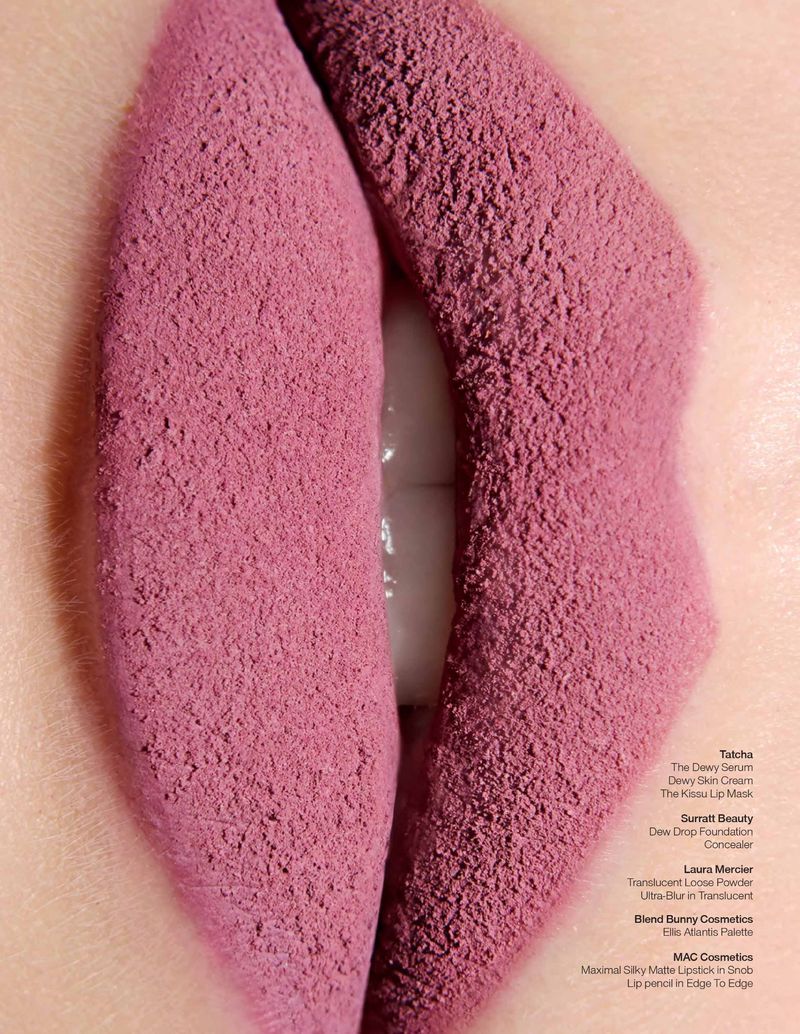 Close-up of woman's lips coated in mauve lipstick, creating a textured, powdery effect. Makeup product names are listed alongside.