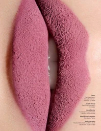 Extreme close-up macro beauty shot of lips coated in textured dusty rose matte lipstick with text credits on the right.