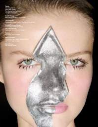 Close-up beauty portrait of a model with metallic silver foil masking the centre of the face for Schön! Switzerland