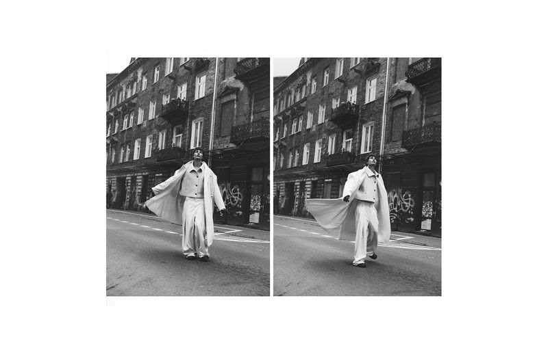 Diptych of a person walking down an urban street wearing a light-coloured coat and wide trousers, photographed in monochrome.
