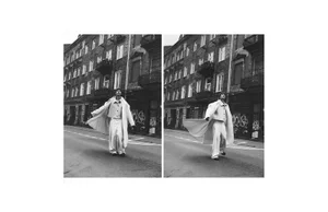 Diptych of a person walking down an urban street wearing a light-coloured coat and wide trousers, photographed in monochrome.