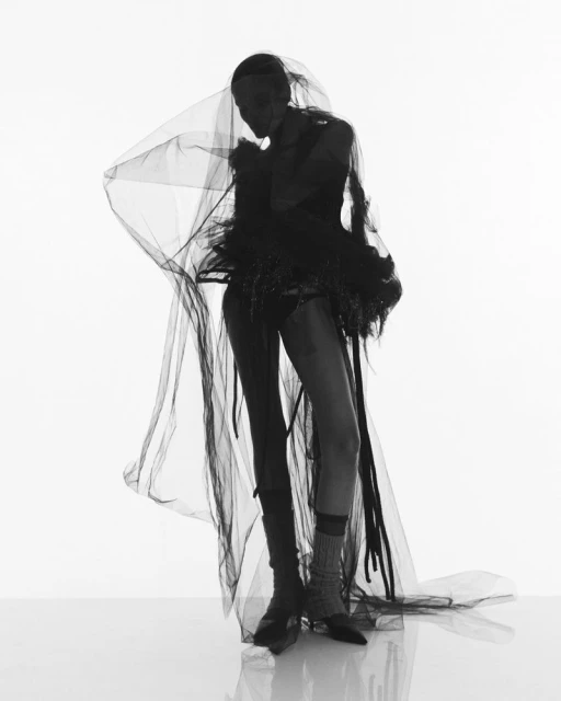 A fashion model poses in a studio wearing a black, semi-transparent dress and tulle veil in a black and white studio fashion shot.