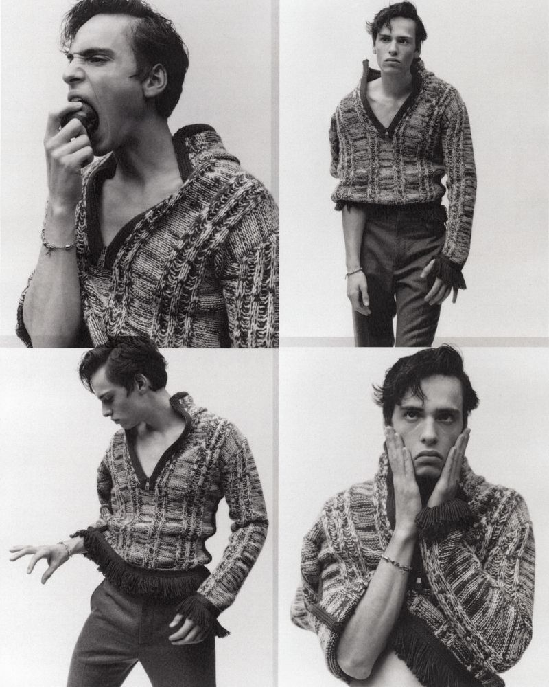 Multiple shots of a model wearing a sweater and posing in a photo studio with a neutral background, captured in a black and white editorial style.