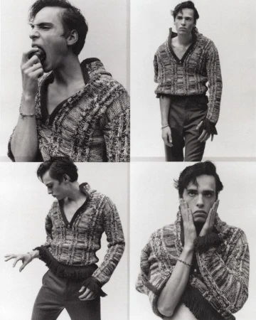 Multiple shots of a model wearing a sweater and posing in a photo studio with a neutral background, captured in a black and white editorial style.