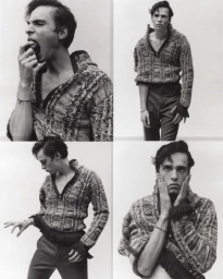 Four-panel black and white fashion editorial layout featuring a young man wearing a patterned knit sweater against a plain backdrop.