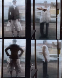 Four-panel fashion editorial image showing models viewed through translucent corrugated plastic panels for Schön Magazine.