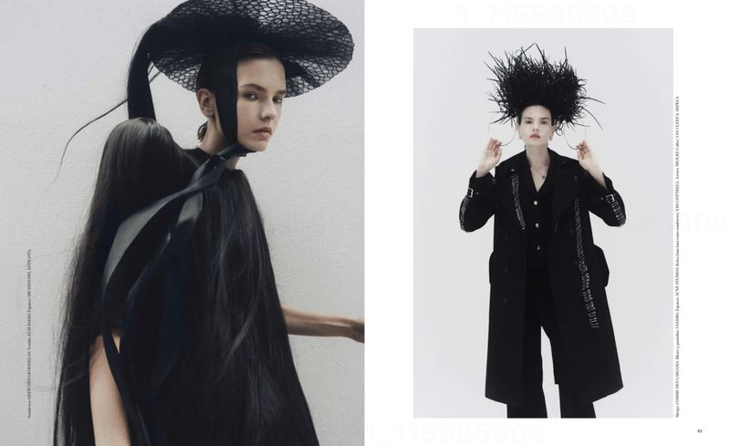 Two women in black outfits with avant-garde headwear pose in a split-image fashion editorial against contrasting neutral backgrounds.