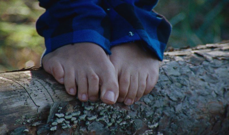 Close-up of bare feet on a log, a child's lower legs in blue plaid pants are visible, and a blurry outdoor forest background is present.